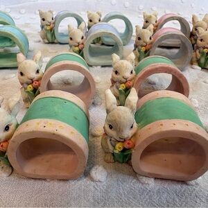 Vintage Set of 15 Resin Bunny Napkin Rings with Pink Bows Spring Easter
